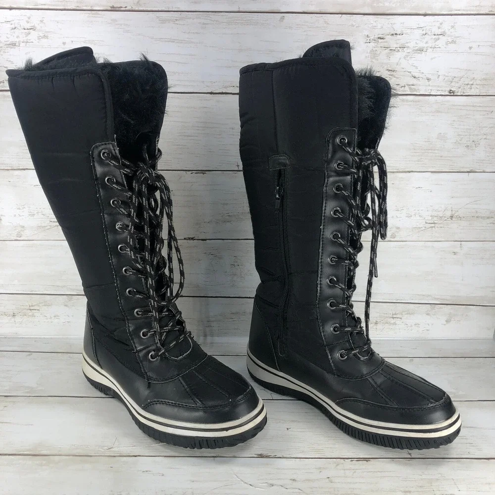 Black Tall Winter Snow Boots Quilted Faux Fur Lined Lace Up‎ Side Zip Duck Boots